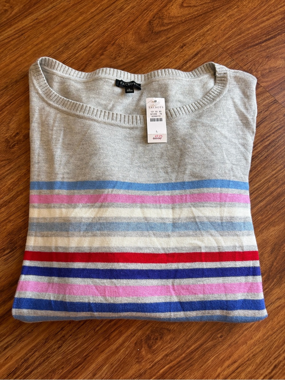 Talbots Gray Crewneck Sweater with Pink, White, Blue and Red Stripes